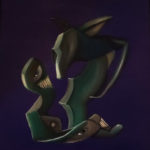 OIL PAINTING WITH ABSTRACT SCARY CREATURES LOOKING AT EACH OTHER